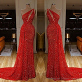 One Shoulder Red Prom Dress Sequins Long On Sale
